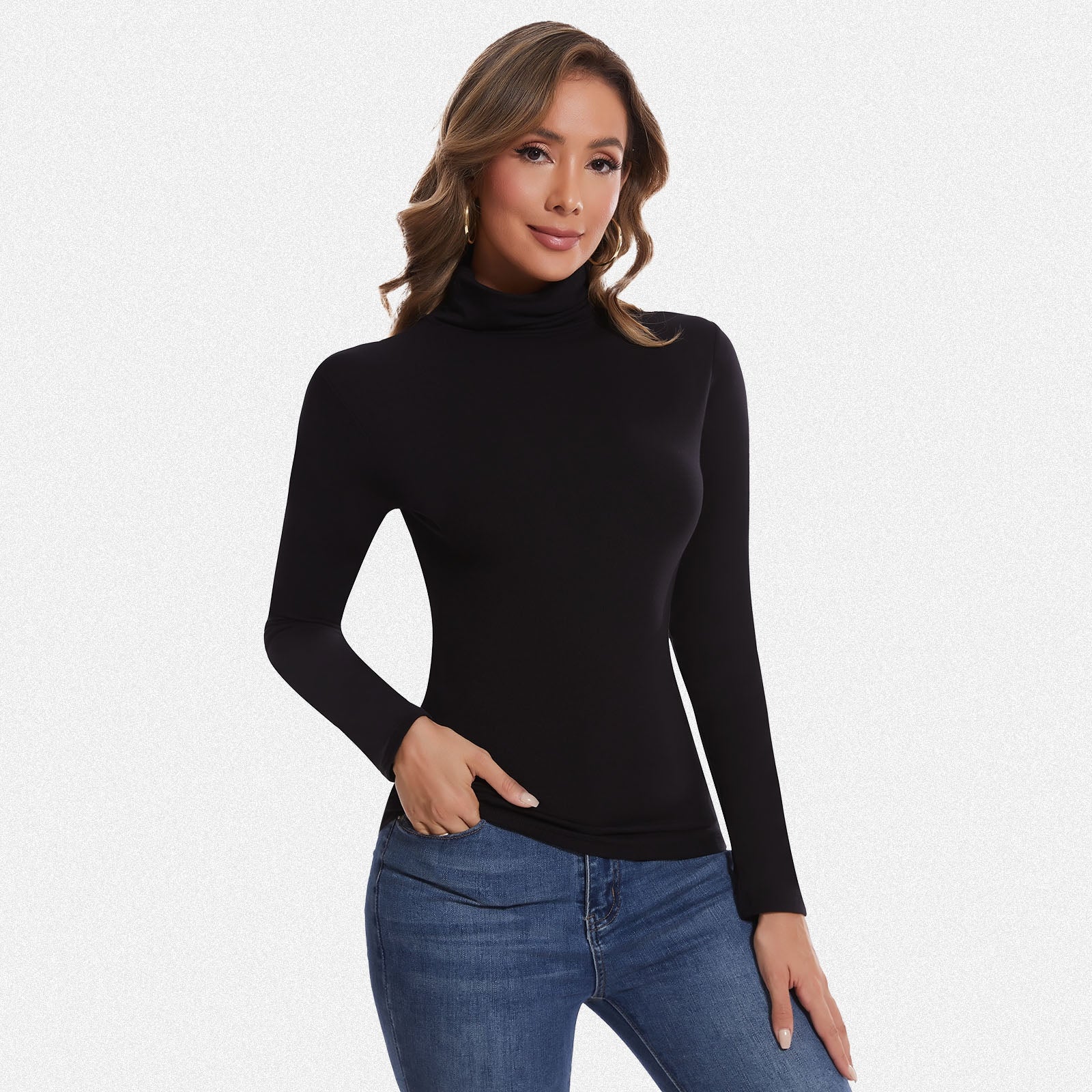 Shaperin Long Sleeve Turtleneck Tops Slim Pullover Shirts