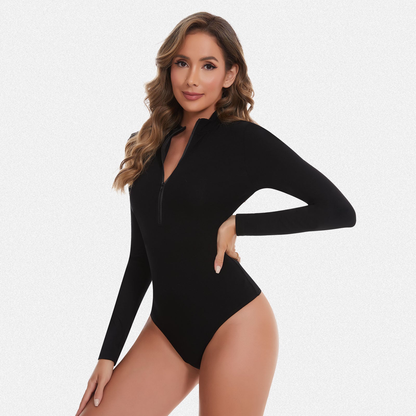 Shaperin Long Sleeve Zip Up Bodysuit Top