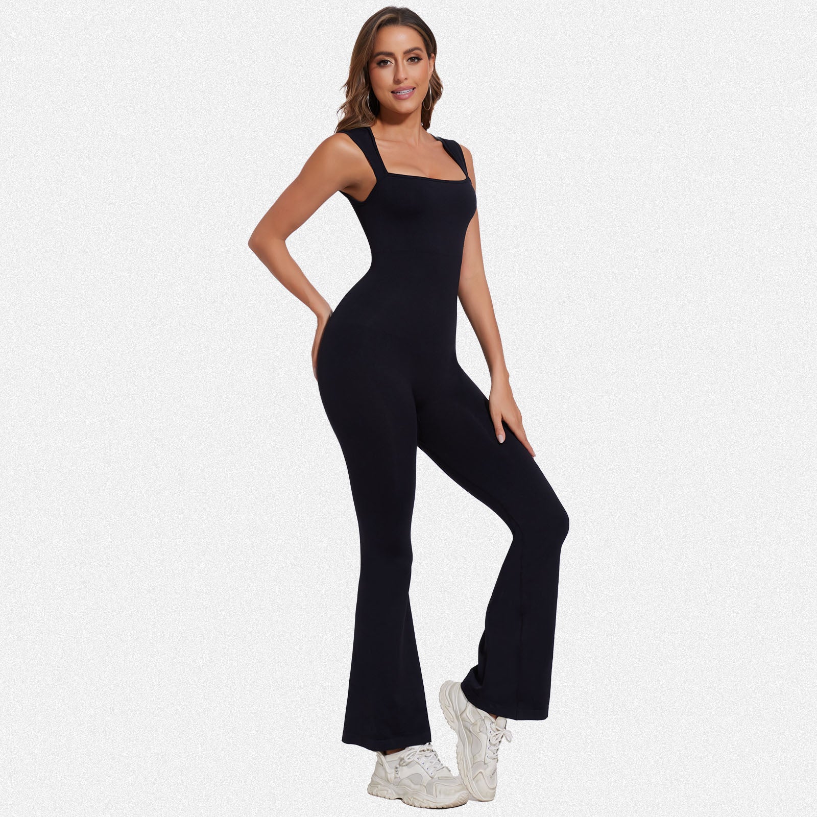 Shaperin Sleeveless Suqare Neck Flared Leggings Workout Unitard Jumpsuit