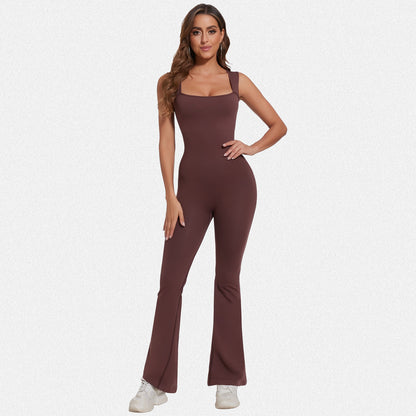 Shaperin Sleeveless Suqare Neck Flared Leggings Workout Unitard Jumpsuit