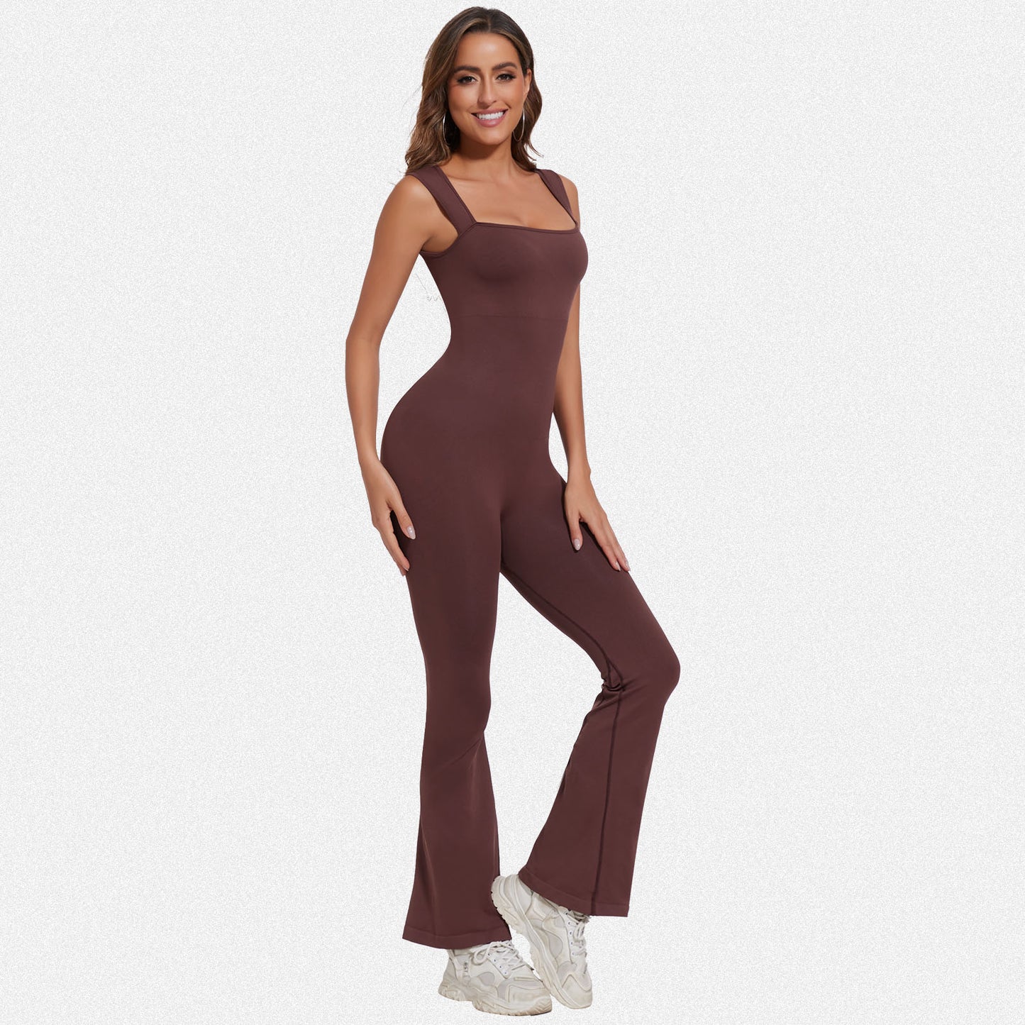 Shaperin Sleeveless Suqare Neck Flared Leggings Workout Unitard Jumpsuit