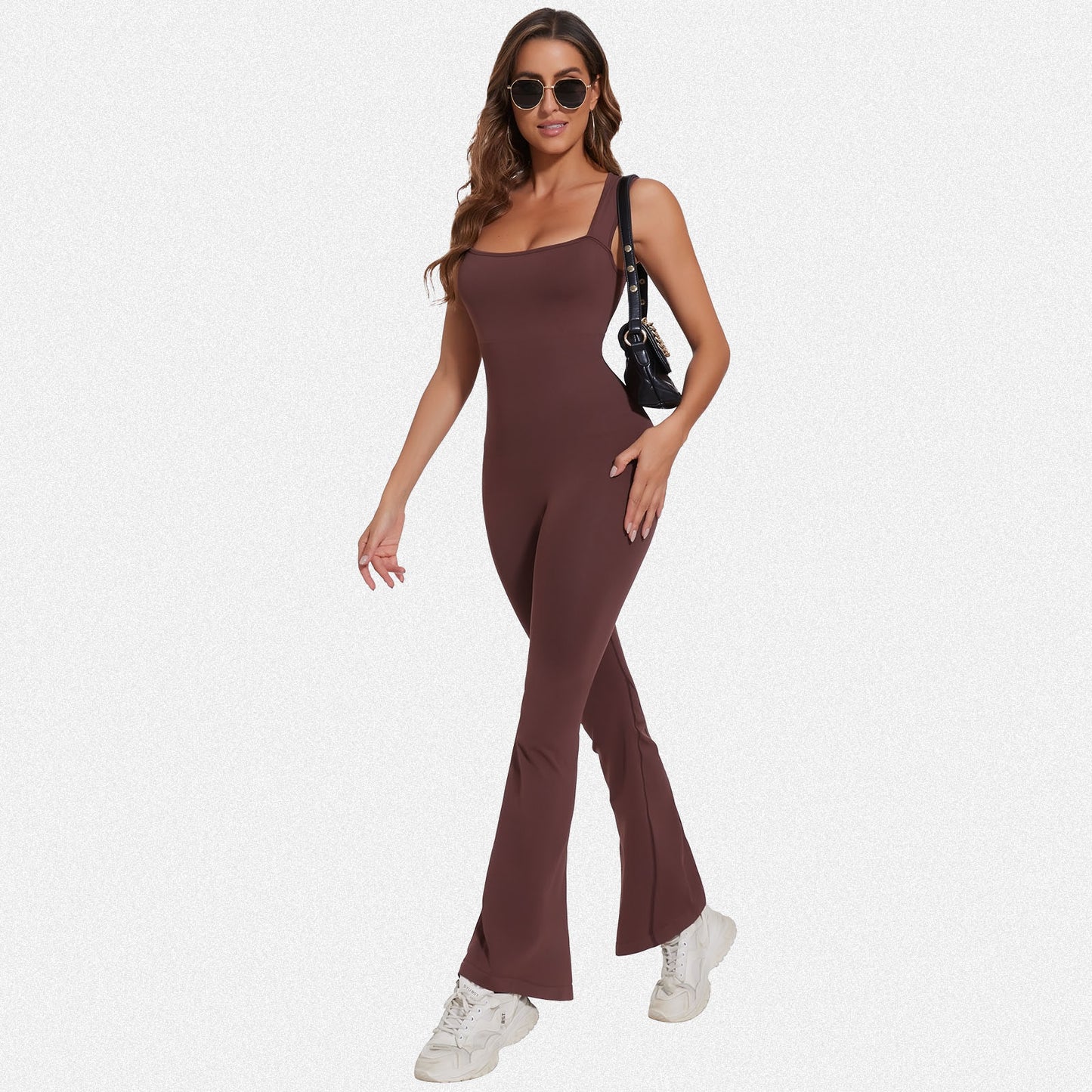 Shaperin Sleeveless Suqare Neck Flared Leggings Workout Unitard Jumpsuit