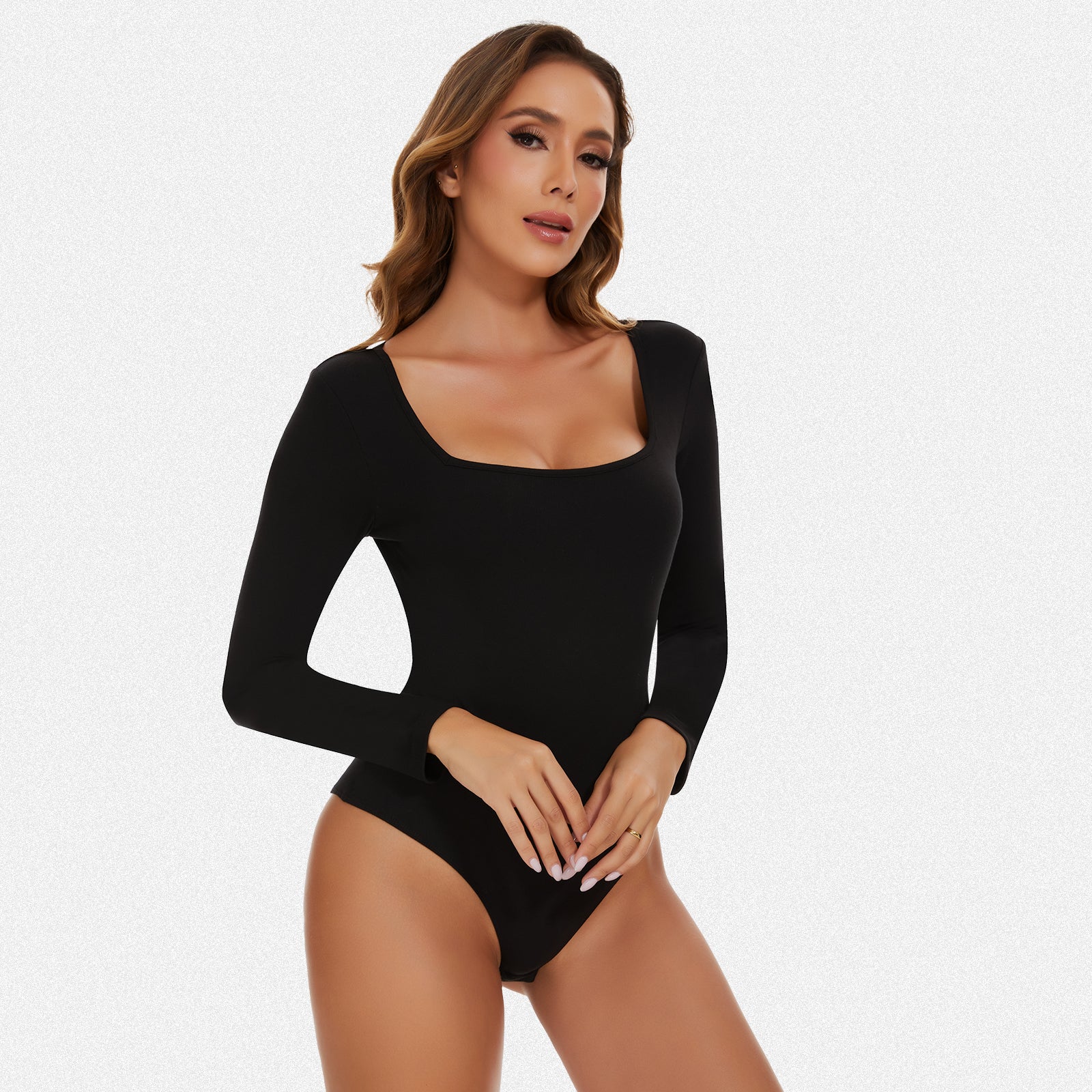 Shaperin Square Neck Long Sleeve Bodysuit Top