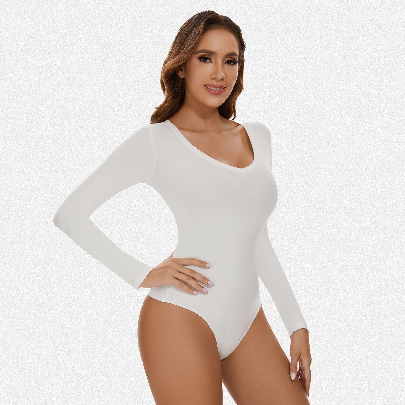 Shaperin V Neck Long Sleeve Bodysuit Top