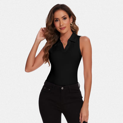 Shaperin V Neck Polo Sleeveless Bodysuit Tops