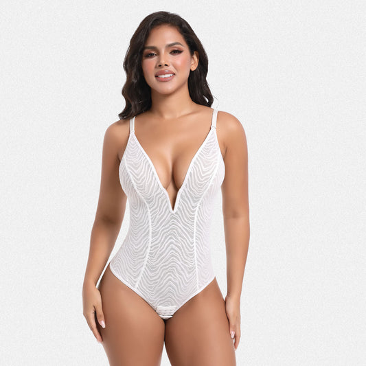 Shaperin Zebra Lace Bodysuit Deep V Shapewear Thong