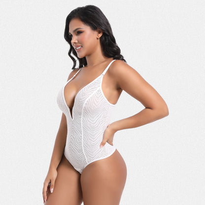 Shaperin Zebra Lace Bodysuit Deep V Shapewear Thong