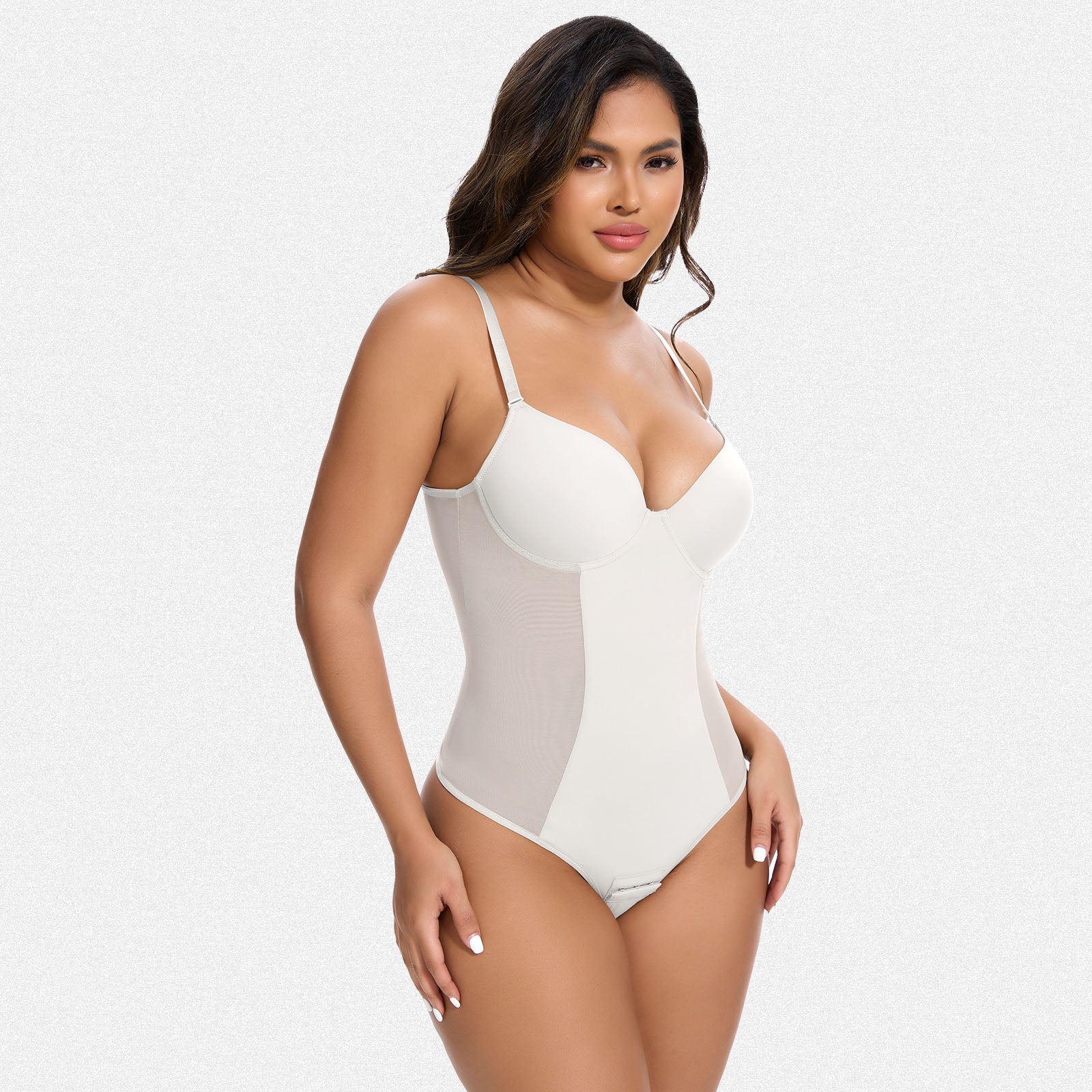 Shaperin Built in Bra Tummy Control Shapewear Backless Thong Low Back Bodysuit White / L