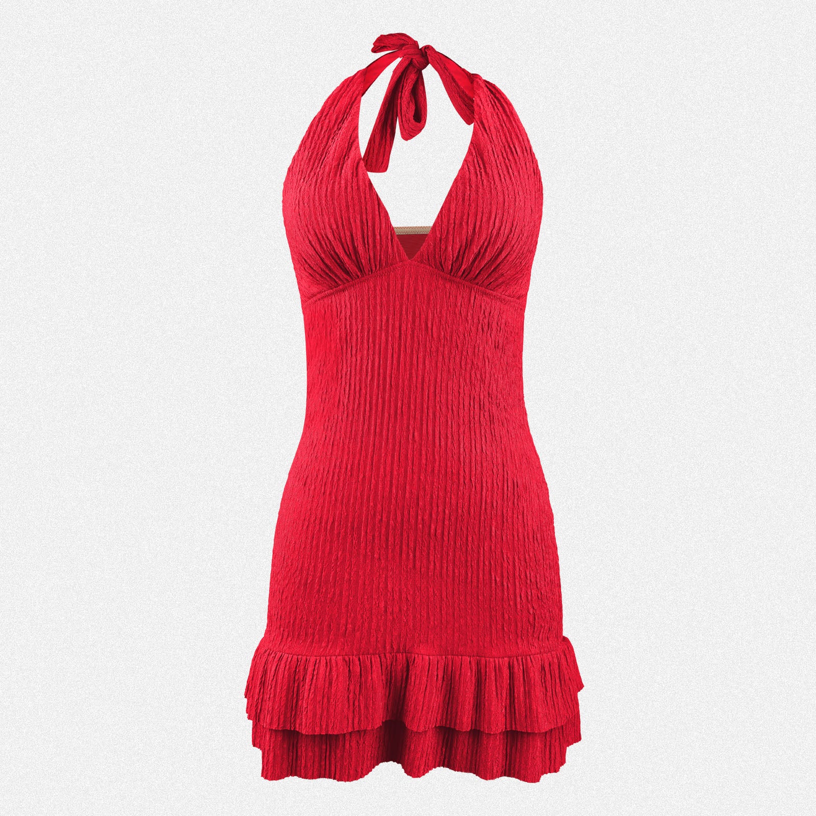 Shaperin Halter Deep V Ruched Backless Mini Dress with Built-In Bra